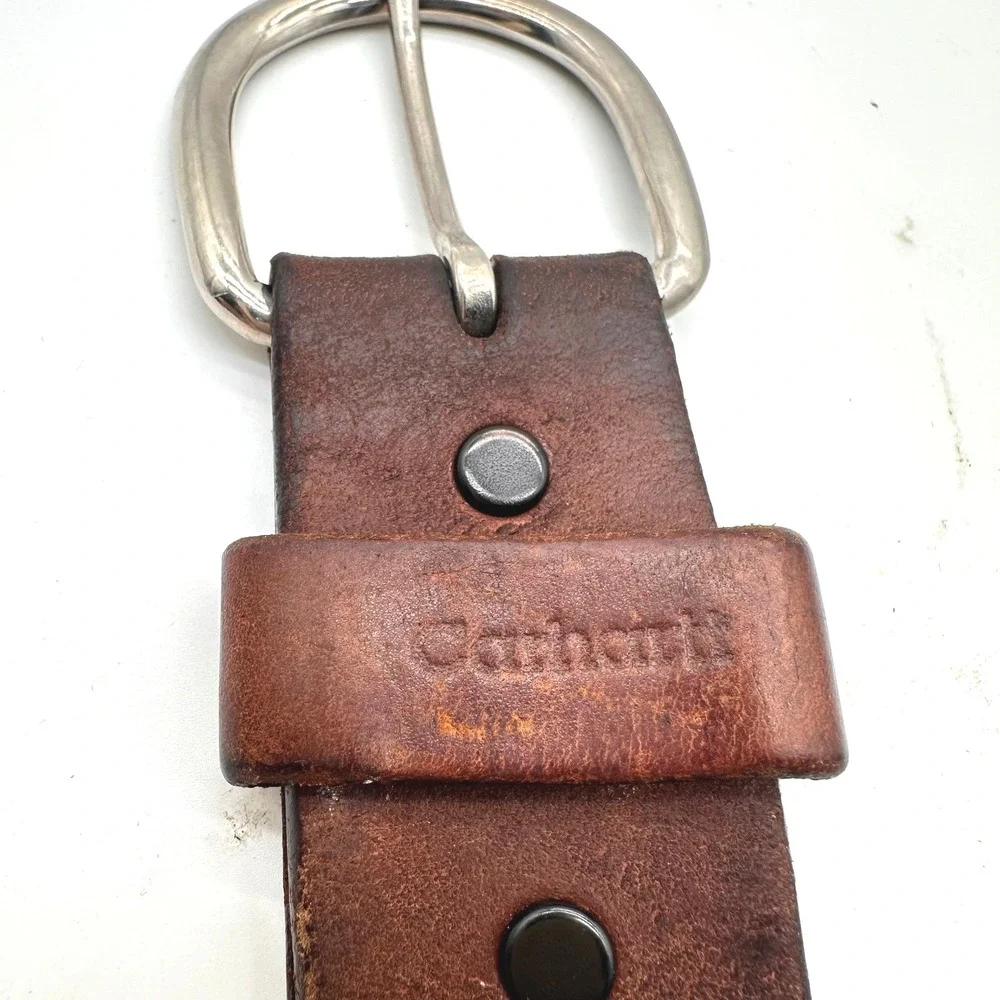 Carhartt Mens Classic Saddle Brown Distressed Leather Work Belt Silver Buckle